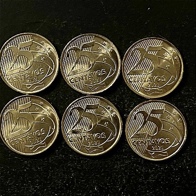 06 Moedas do Brasil - 25 Centavos - 2021 - FC - Aço com Latão - ref.3196