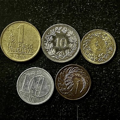 05 Moedas Estrangeiras - Uruguai 1994-Suiça 2009-Nova Zelandia 1985-Suica 2008-Checoslovaquia 1981 - Mbc - ref.3198