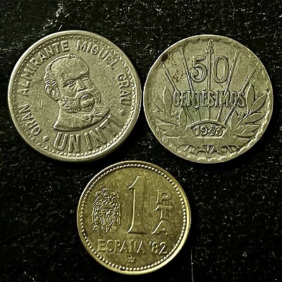 03 Moedas Estrangeiras - Espanha 1980-Peru 1986-Uruguai 1943 - Mbc - ref.3207