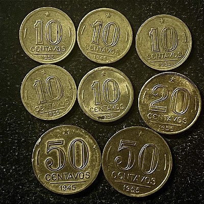 08 Moedas do Brasil - 10 cts-1948-1955-1955-1953-1953 - 20 cts 1955 - 50 cts 1945-1955 - Aluminio Bronze - Mbc - ref.3146