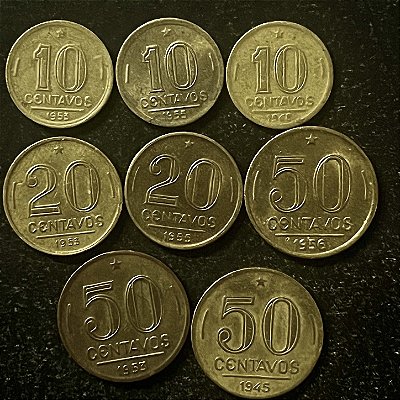 08 Moedas do Brasil - 10 cts-1948-1955-1953- 20 cts 1955-1953 - 50 cts 1956-1953-1945 - Aluminio Bronze - Mbc - ref.3149