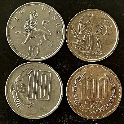 04 Moedas Estrangeira - Uruguai 1981 - Reino Unido 1968 - Chile - 1987 - Belgica 1981 - Mbc - ref.3254