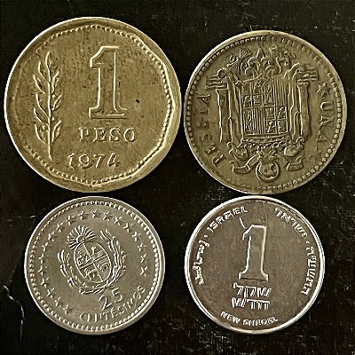 04 Moedas Estrangeira - Israel 2015 - Argentina 1974 - Espanha 1953 - Uruguai 1960 - Mbc - ref.3257