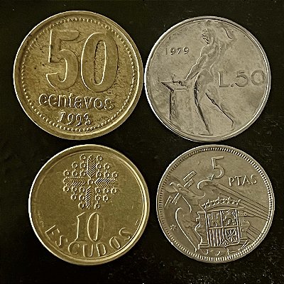 04 Moedas Estrangeira - Argentina 1993 - Espanha 1957 - Italia 1979 - Portugal 1987 - Mbc - ref.3258