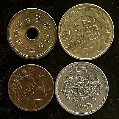 04 Moedas Estrangeira - Italia 1978 - Espanha 1975 - Portugal 1953 - Japão 1975 - Mbc - ref.3259