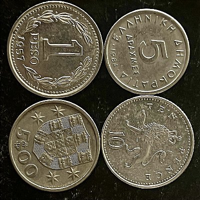 04 Moedas Estrangeira - Argentina 1957 - Reino Unido 2007 - Grecia 1984 - Portugal 1981 - Mbc - ref.3260