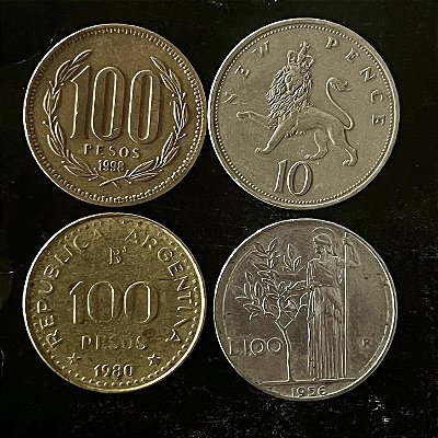 04 Moedas Estrangeira - Argentina 1980 - Reino Unido 1973 - Italia 1956 - Chile 1998 - Mbc - ref.3261