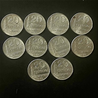 10 Moedas do Brasil - 20 Centavos - 1977 - Aço Inoxidavel - Mbc - ref.3263