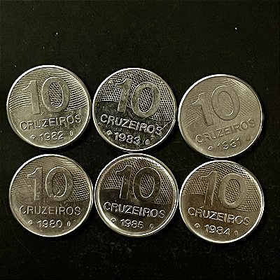 06 Moedas do Brasil 10 Cruzeiros - 1980-81-82-83-84-85 - Aço Inoxidavel - Mbc - ref.3287