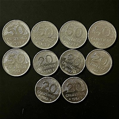 10 Moedas do Brasil - 20 e 50 Cruzeiros - Aço Inoxidavel - Mbc - ref.3288