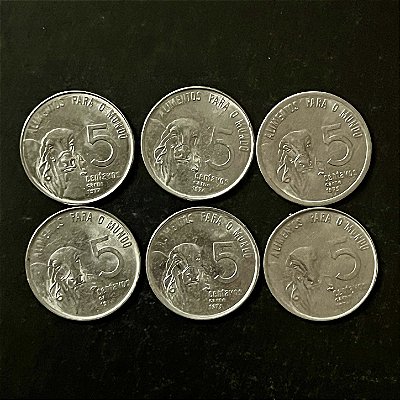 05 Moedas do Brasil - 5 Centavos - Série FAO - Carne - 1975-76-77-78-79 - Aço Inoxidavel - Mbc - ref.3295