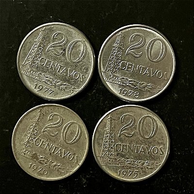 04 Moedas do Brasil - 20 Centavos - 1970-75-77-78 - Aço Inoxidavel - Mbc - ref.3305