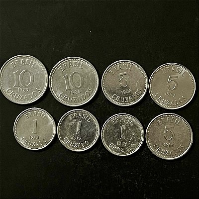 08 Moedas do Brasil - 1 Cruzado 86-87-88 - 5 Cruzados 86-87-88 - 10 Cruzados 87-88 - Aço Inoxidavel - Mbc - ref.3306