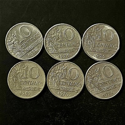 06 Moedas do Brasil - 10 Centavos 67-70-74-75-76-77 - Aço Inoxidavel - Mbc - ref.3307