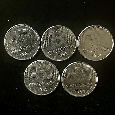 05 Moedas do Brasil - 5 Cruzeiros - 1980-81-82-83-84 - Aço Ioxidavel - Mbc - ref.3322