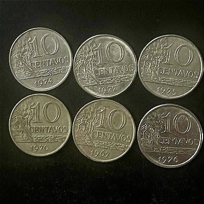 06 Moedas do Brasil - 10 Centavos - 1967 -70-74-75-76-77 - Aço Inoxidavel - Mbc - ref.3323