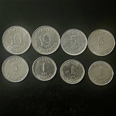 08 Moedas do Brasil - 1 Cruzado 86-87-88 - 5 Cruzados 86-87-88 - 10 Cruzados 87-88 - Aço Inoxidavel - Mbc - ref.3324