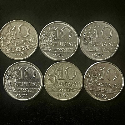 06 Moedas do Brasil - 10 Centavos - 1967-70-75-76-77 - Aço Inoxidavel - Mbc - ref.3325