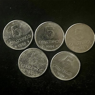 05 Moedas do Brasil - 5 Cruzeiros - 1980-81-82-83-84 - Aço Inoxidável - Mbc - ref.3331