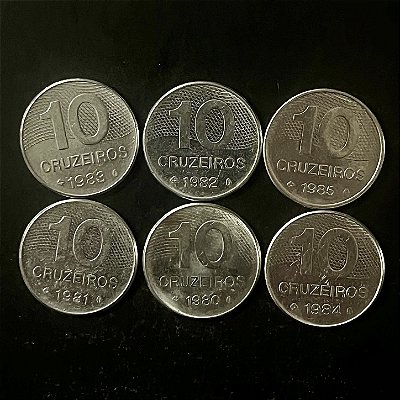 06 Moedas do Brasil - 10 Cruzeiros - 1980-81-82-83-84-85 - Aço Inoxidável - Mbc - ref.3332