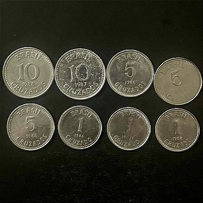08 Moedas do Brasil - 1 Cruzado 86-87-88 - 5 Cruzados 86-87-88 - 10 Cruzados 87-88 - Aço Inoxidavel - Mbc - ref.3335