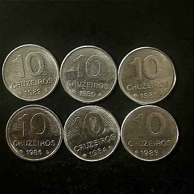 06 Moedas do Brasil - 10 Cruzeiros - 1980-81-82-83-84-85 - Aço Inoxidavel - Mbc - ref.3336