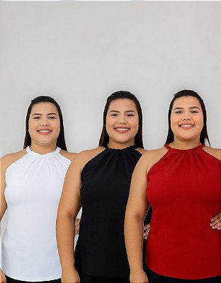 Kit 3 Blusas Gola Trançada Alta Social Regata Plus Size Três Cores Duna