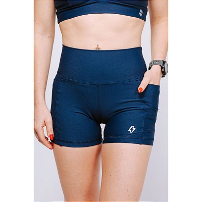 Shorts Fitness Curto Alta Compressão com Bolso Azul Marinho