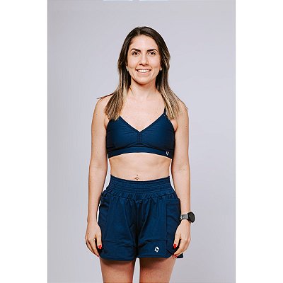 Shorts Fitness Duplo Compressão com Bolso Azul Marinho