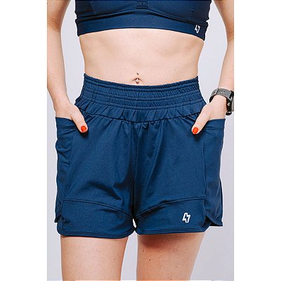 Shorts Fitness Duplo Compressão com Bolso Azul Marinho