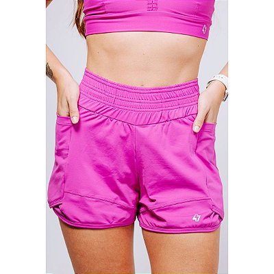 Shorts Fitness Duplo Compressão com Bolso Fúcsia