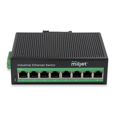 Switch Industrial de Liga de Alumínio 8xRJ45 GbE, Trilho DIN, Fonte DC 12~52V