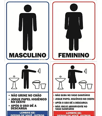 Kit 4 Placas para Banheiro Feminino Masculino com Regras WC