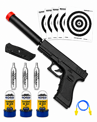 Kit Pistola Rossi G17 Magnum CO2 6mm + 300 Esferas + 3 CO2 + Alvos + Protetor