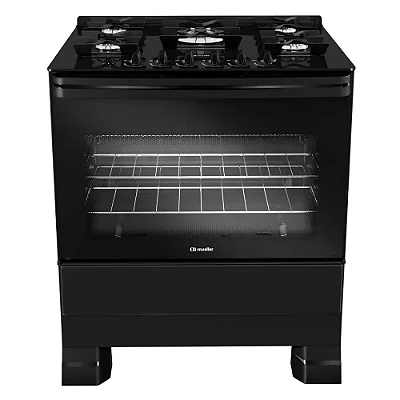 Fogão Mueller 5 Bocas Preto com Mesa de Vidro e Grades de Ferro Fundido MFV5BF