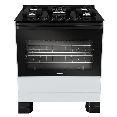 Fogão Mueller 5 Bocas Branco com Mesa de Vidro e Grades de Ferro Fundido MFV5BF