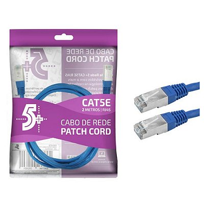 Cabo De Rede Patch Cord Cat5E Ftp Blindado Gigabit - 2M - Azul 5+