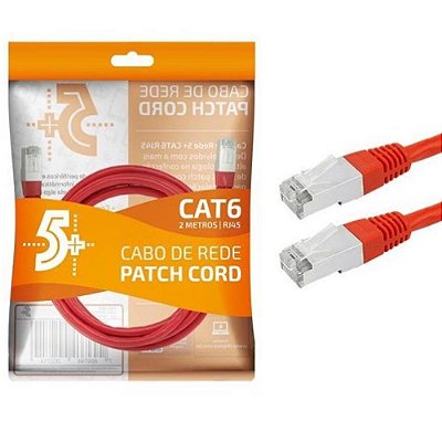 Cabo De Rede Patch Cord Cat6 Ftp Blindado Gigabit 2M Vermelho 5+