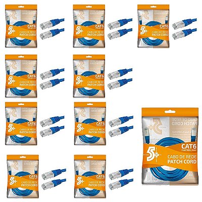 Kit 10 Cabo De Rede Patch Cord Cat6 Ftp 2 Metros Azul Blinda