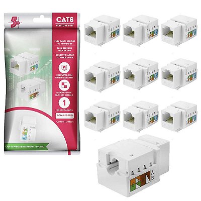Kit Atacado 10 Keystone Fêmea Rj45 Cat6 10Gbps Branco 5+