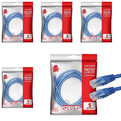 5x Cabo De Rede Internet Gigabit Cat5e Até 1gb Azul 5 Metros