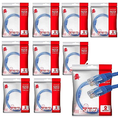 10x Cabo De Rede Patch Cord Gigabit Cat5e Até 1gb Azul 2m