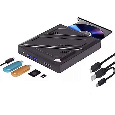 Leitor Gravador Dvd Cd Usb Externo Knup C/Hub Usb Cartões