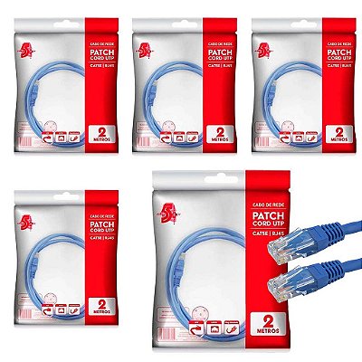 5x Cabo De Rede Patch Cord Gigabit Cat5e Até 1gb Azul 2Mt