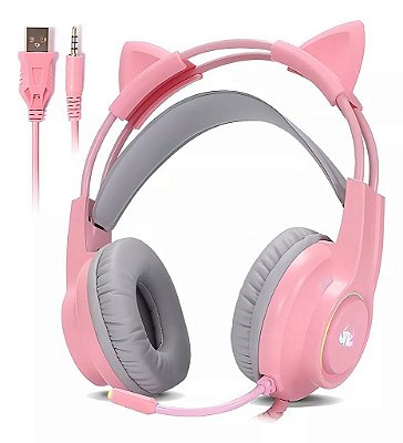 Fone Headset Gamer Orelha De Gatinho Rosa Ps4 Ps5 Xbox Pc