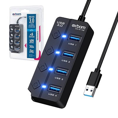 Hub de Expansão USB 3.0 4 em 1 On e Off interruptor 4 portas