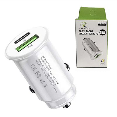 Carregador Veicular Turbo Usb C e Usb 60w PD X-cell Branco