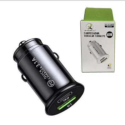 Carregador Veicular Turbo Usb C E Usb 60w Pd X-cell Preto