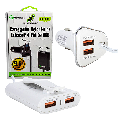 Carregador Veicular 4 Portas Usb 9.6A Extensão Banco De Trás