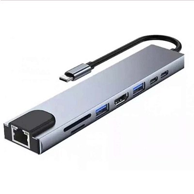 Hub Adaptador Usb Tipo C 8 em 1 Hdmi Rede USB Leitor Cartões